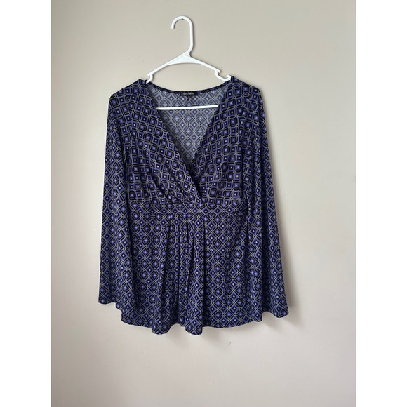 Y2K Daisy Fuentes Women's Purple Geometric  Long Sleeve Faux Wrap Top Boho Indie - Picture 1 of 4